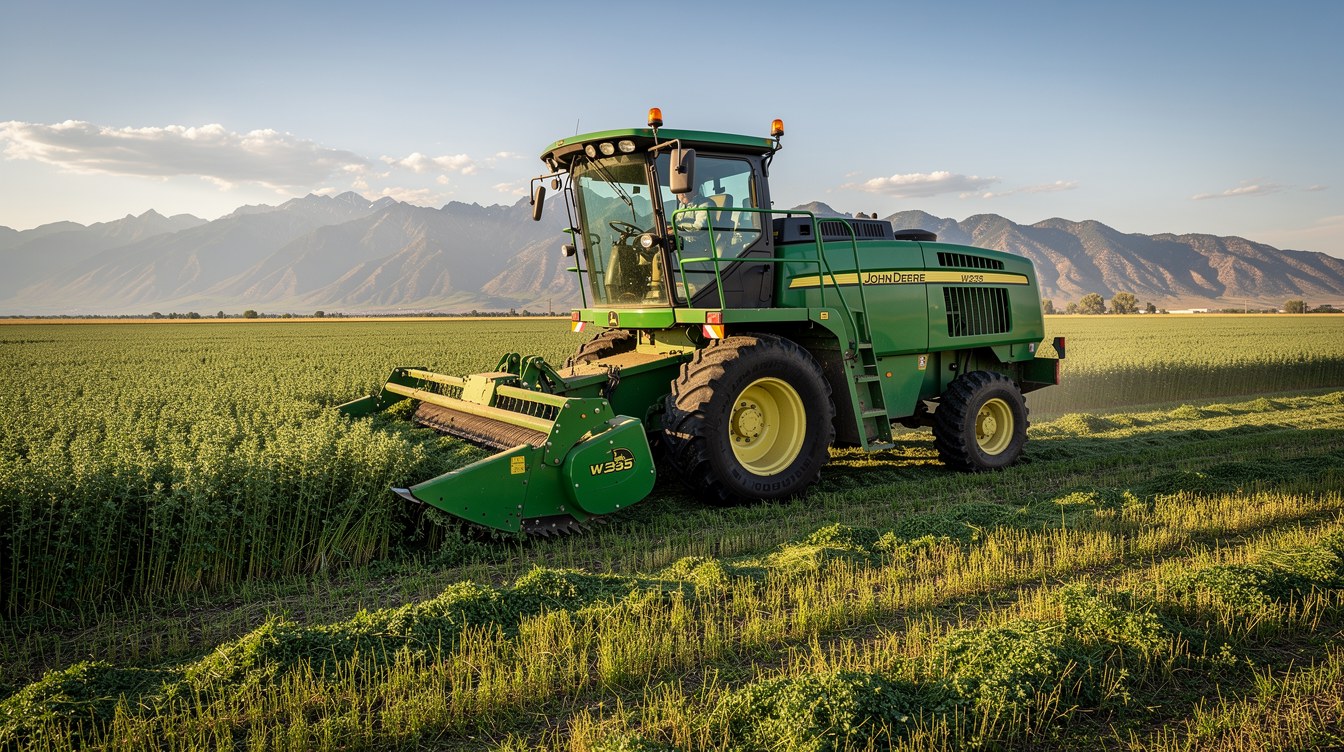 Self-propelled John Deere W-series windrower swather cutting standing alfalfa in a Mountain West field
